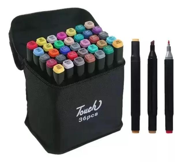 Imagem de Kit 36 Caneta Marcador Permanente Colorida Ponta Dupla Com Estojo Bolsa