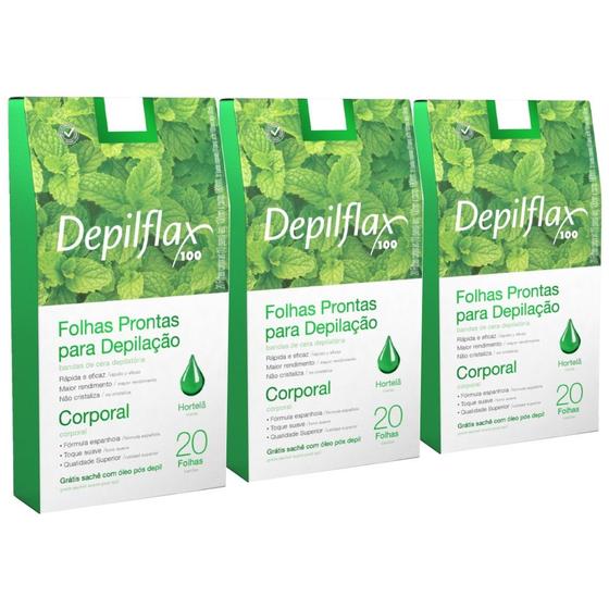 Imagem de Kit 3cx folhas prontas para depilação corporal hortelã depilflax