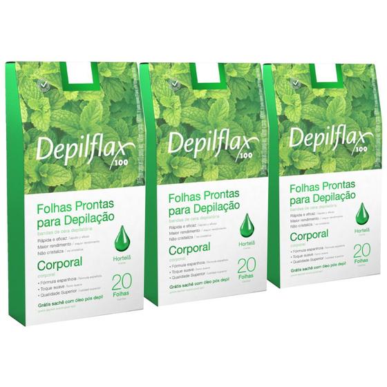 Imagem de Kit 3cx folhas prontas para depilação corporal hortelã depilflax