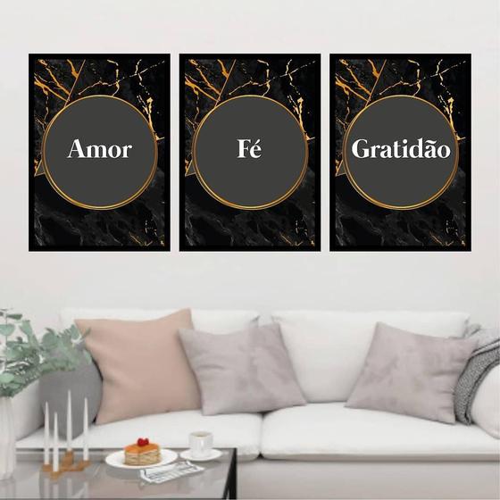 Imagem de Kit 3Quadros Amor Fé Gratidão Preto E Dourado 33Cm Com Vidro