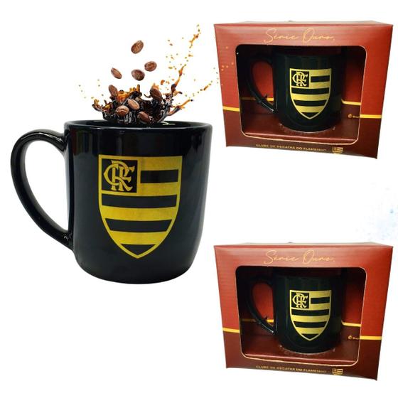 Imagem de Kit 3Un Caneca Preta Xícara Porcelana 300ml Café Time Flamengo Serie Ouro Dourado Oficial