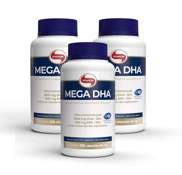 Kit 3UN Mega DHA 120 cápsulas - ômega 3 de alta concentração DHA - Vitafor Menor preço em Kit 3UN Mega DHA 120 cápsulas - ômega 3 de alta concentração DHA - Vitafor