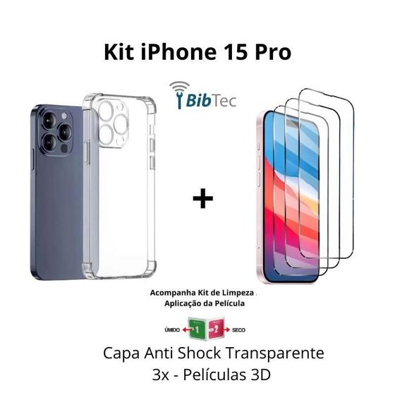 Imagem de Kit 3UN Películas 3D Vidro + 1UN Capa Capinha Transparente para Iphone 15 Pro