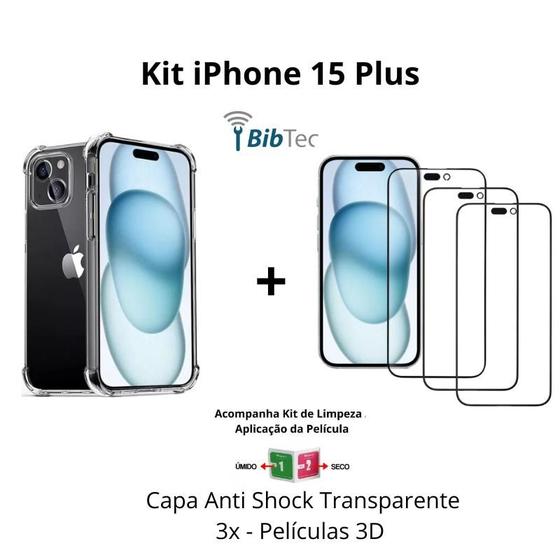 Imagem de Kit 3UN Películas 3D Vidro + Capa Capinha Transparente para Iphone 15 Plus