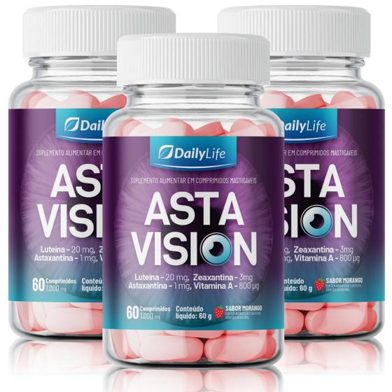 Imagem de Kit 3x Asta Vision Suplemento Alimentar com Luteína Zeaxantina Astaxantina e Vitamina A 60 Comprimidos Mastigáveis Sabor Morango 1.000 Mg