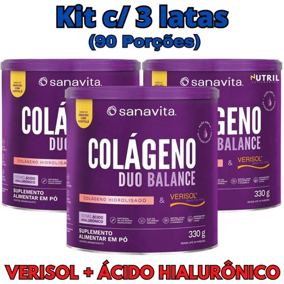 Imagem de Kit 3X Colágeno Duo Balance Sanavita ( Hidrolisado + Verisol e Ácido Hialurônico ) - Pele e corpo