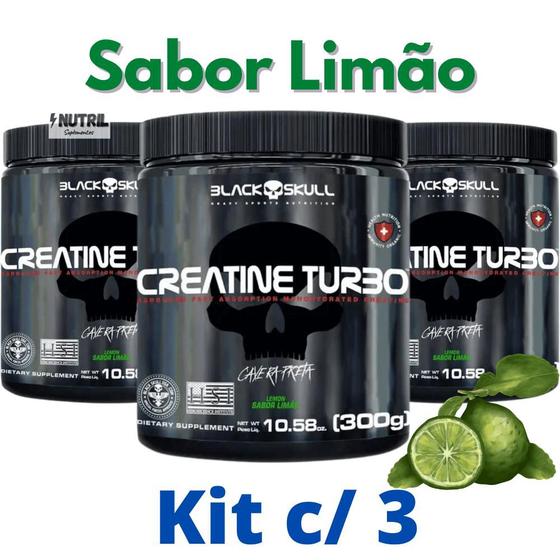 Imagem de kit 3X Creatina Monohidratada Creatine Turbo Black Skull 300g - Energia - Força - Ganho de Massa Muscular