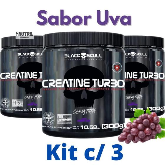 Imagem de kit 3X Creatina Monohidratada Creatine Turbo Black Skull 300g - Energia - Força - Ganho de Massa Muscular