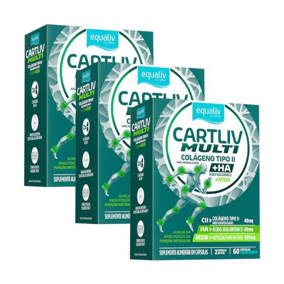 Kit 3x Equaliv Cartliv Multi 60 Cápsulas Colágeno Tipo 2 e Ácido Hialurônico Menor preço em Kit 3x Equaliv Cartliv Multi 60 Cápsulas Colágeno Tipo 2 e Ácido Hialurônico