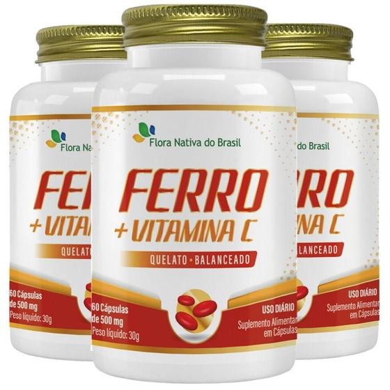 Imagem de Kit 3X Ferro Quelato + Vitamina C 60 Cápsulas - Flora Nativa