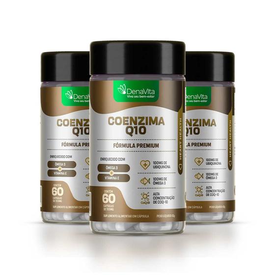 Imagem de Kit 3x Frascos de Coenzima Q10 + Ômega 3 + Vitamina E, TCM, COQ10, 3 em 1 - Denavita