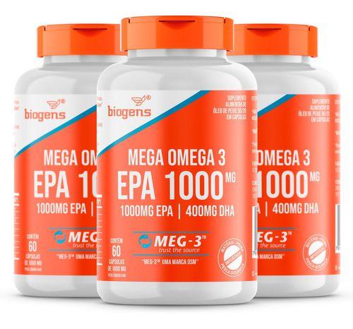 Kit 3x Mega Omega 3 Meg-3,epa1000mg Dha400mg 60 Cps, Biogens Menor preço em Kit 3x Mega Omega 3 Meg-3,epa1000mg Dha400mg 60 Cps, Biogens