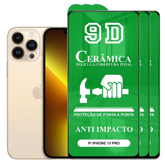 Imagem de Kit 3x Película 9D Cerâmica P/ iPhone 13 Pro - Protetora Anti Impacto Queda Choque Shock Flexível Nano