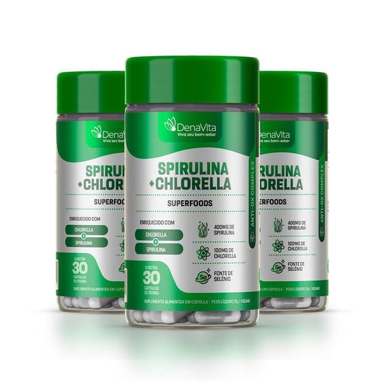Imagem de Kit 3x Spirulina com Chlorela 2 em 1, Superfoods, Rico em Proteínas -  Cápsulas Vegana - DENAVITA
