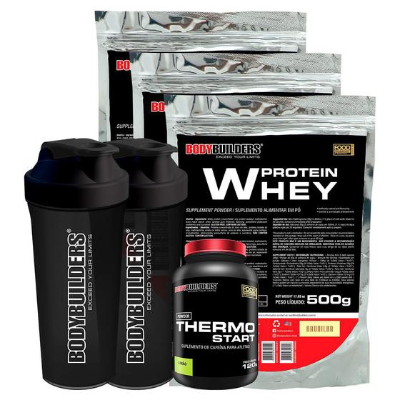 Imagem de Kit 3x Whey Protein 500g + Thermo Starter Powder 120g Limão + 2x Coqueteleira - Bodybuilders