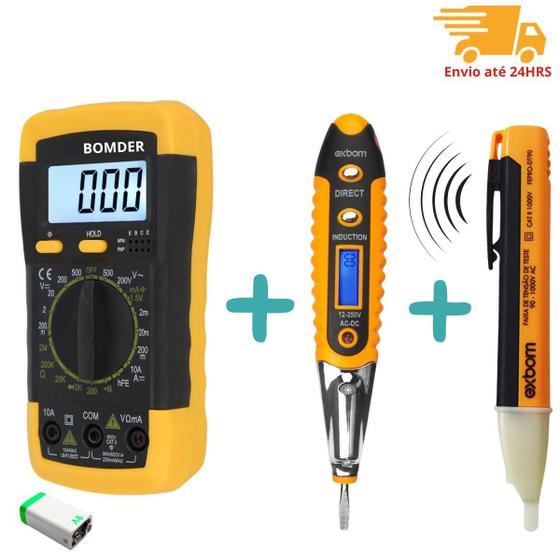 Imagem de Kit 3x1 Conjunto Multimetro Digital Painel Luminoso + Chave Teste Corrente + Caneta Tensão