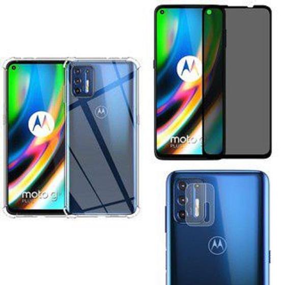 Imagem de Kit 3X1 Motorola Moto G9 Plus - Pelicula Privacidade Vidro 3D + Película Camera Traseira Nano Gel 5D + Capa Anti-Impacto