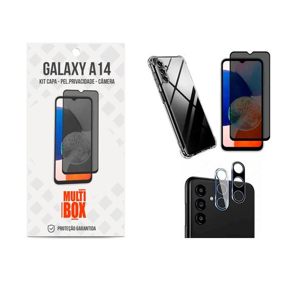 Kit 3x1 Película Privacidade + Capa + Película de Câmera Galaxy A14 5G Menor preço em Kit 3x1 Película Privacidade + Capa + Película de Câmera Galaxy A14 5G