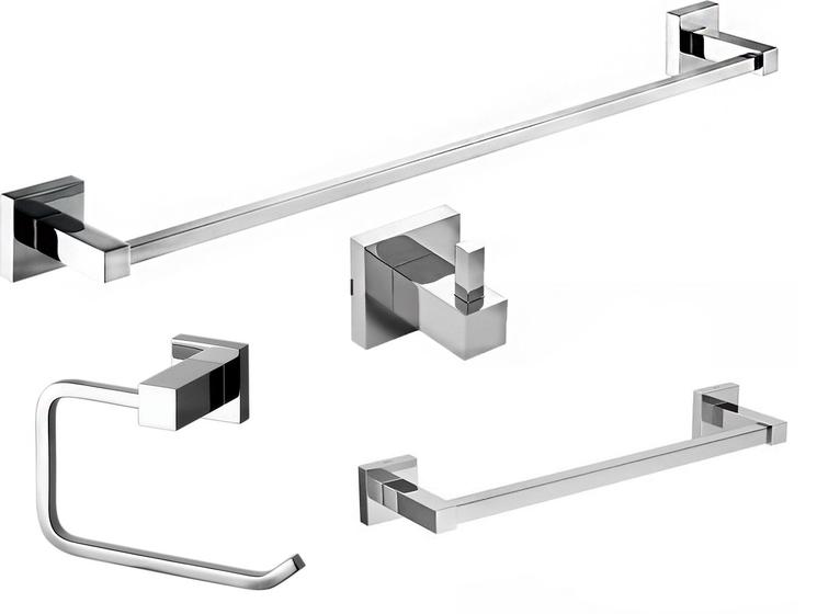 Imagem de Kit 4 Acessórios Banheiro Moderno Porta Toallhas de Banho + Toalheiro de Rosto + Cabide Inox + Papeleira Cromado