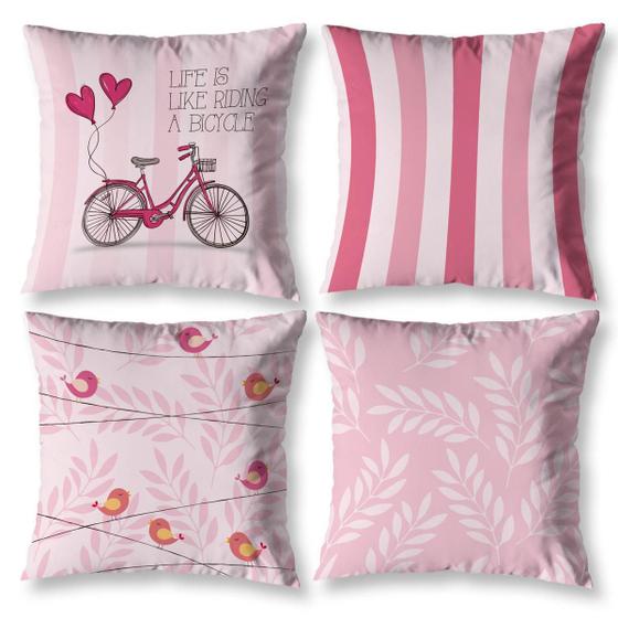 Imagem de Kit 4 Almofadas Cheias Sala 40Cm X 40Cm Estampadas Bike Rosa