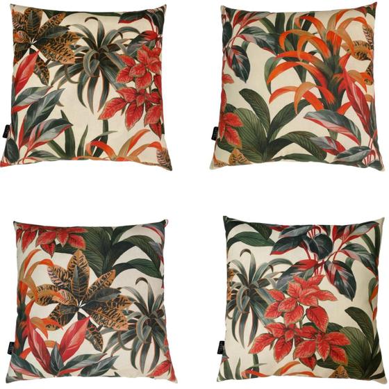 Imagem de Kit 4 Almofadas Cheias Waterhavana Impermeável Área Externa Estampa Digital Folhas Verde Vermelho Laranja 43cmx43cm