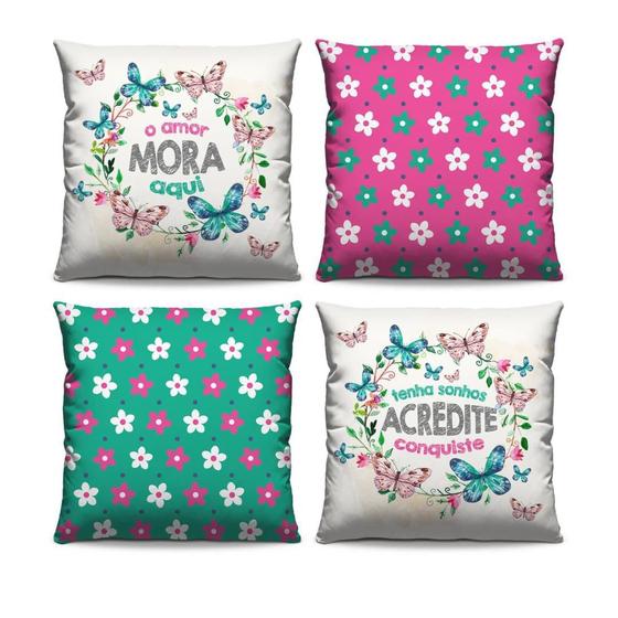 Imagem de Kit 4 Almofadas Decorativa com Refil Estampadas Moderno Com ZÍper O amor Mora Aqui