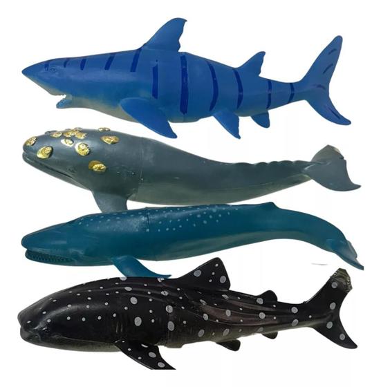 Imagem de Kit 4 Animais Aquaticos Brinquedo Baleia Tubarão Peixe