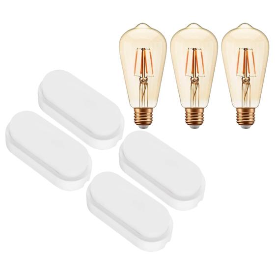 Imagem de Kit 4 Arandela Luminária Tartaruga Externa Autovolt Ip65 6500K Com 3 Lampada Filamento Led ST64 E27 Ambar Vintage Bivolt