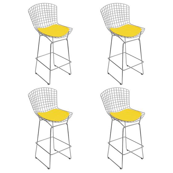 Imagem de Kit 4 Banquetas Bistrô Bertoia Cromada D70 com Assento Sintético Amarelo