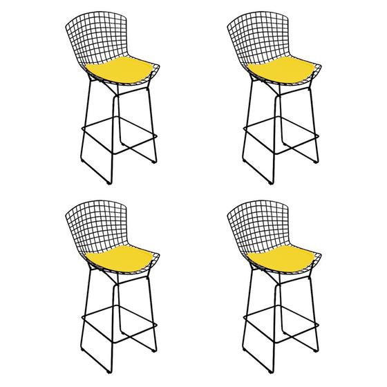 Imagem de Kit 4 Banquetas Bistrô Bertoia Preta D70 com Assento Amarelo