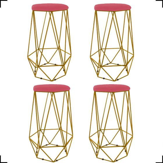 Imagem de Kit 4 Banquetas Decorativas Para Sala Hexagonal Aramado Base Bronze/Dourada/Preta Suede Cores - Clique E Decore