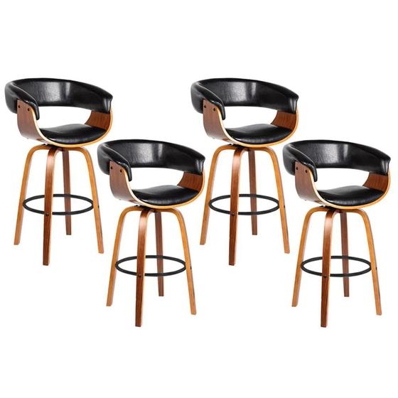 Imagem de Kit 4 Banquetas Giratória Alta com Encosto Base Madeira Ravi R02 PU Preto - Mpozenato