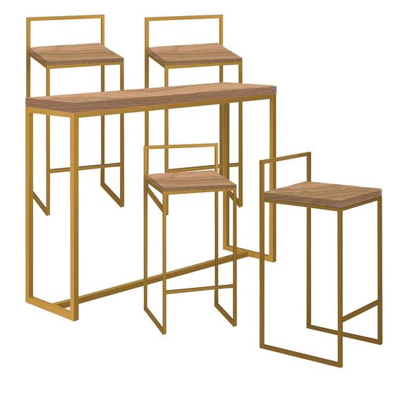 Imagem de Kit 4 Banquetas Lino + 1 Mesa Bancada Aparador Mavie 150cm Industrial Ferro Dourado 100% MDF Demolição - Ahazzo Móveis