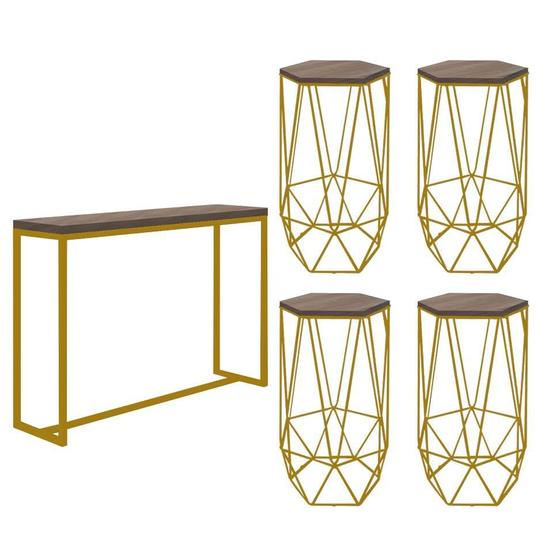 Imagem de Kit 4 Banquetas Liz + 1 Mesa Bancada Mavie 150cm Industrial Ferro Dourado MDF Madeira - Ahazzo Móveis