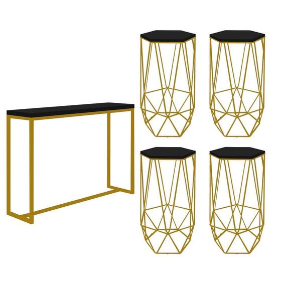 Imagem de Kit 4 Banquetas Liz + 1 Mesa Bancada Mavie 150cm Industrial Ferro Dourado MDF Preto - Ahazzo Móveis