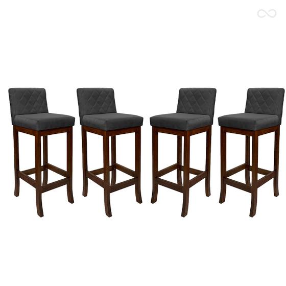 Imagem de Kit 4 Banquetas Média de Madeira Maciça Tóquio com Encosto Matelassê Suede Cinza CCS