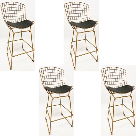 Imagem de Kit 4 Banquetas para Cozinha média Bertoia cor Dourado fosco assento preto altura 60cm - Poltronas do Sul