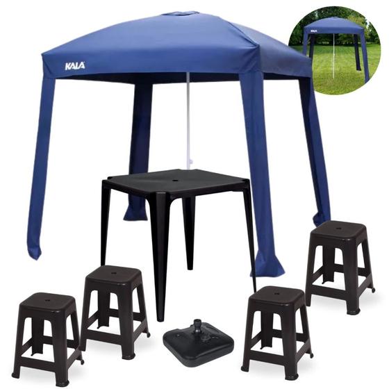 Imagem de Kit 4 Banquetas Plasticas 120 Kg + Mesa 70x70 Cm +guarda Sol Modelo Gazebo 2,2 X 2,2 M + Base 22 Kg