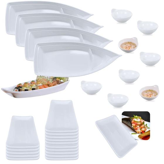 Imagem de Kit 4 Barcas 40 Cm Branca Porcao Sushi+ 15 Pratos 17,8cm + 8 Molheiras com Alca 150ml Comida Japonesa  Bestfer 