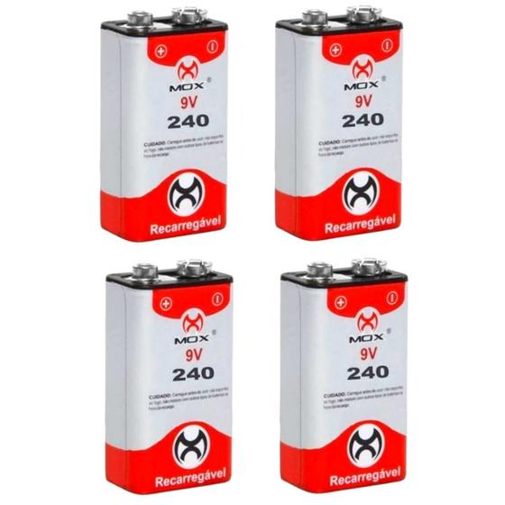 Imagem de Kit 4 Baterias 9V Recarregáveis 240mAh Premium Mox