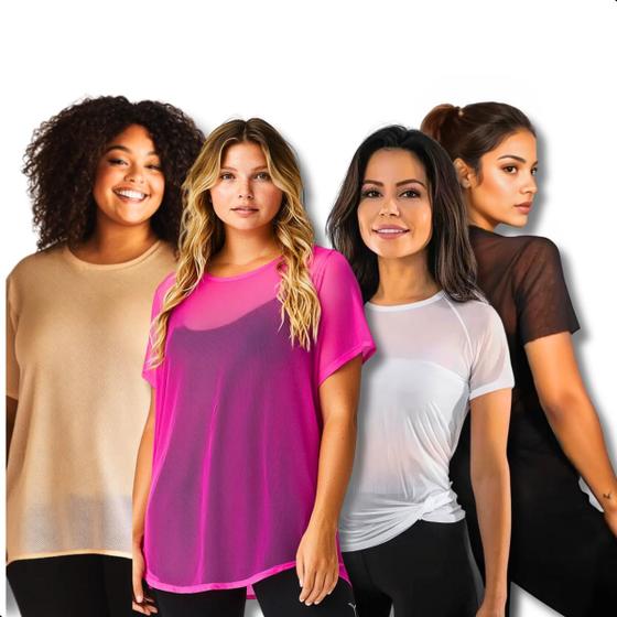 Imagem de Kit 4 Blusa Tule Feminina Academia Lisa Moda Fitness