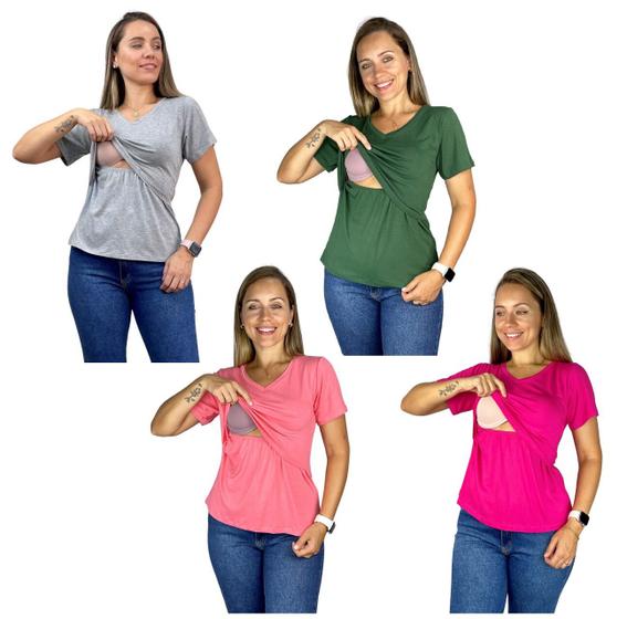 Imagem de Kit 4 Blusas Amamentação Viscolycra Premium Gestante Amamentar Camiseta Manga Curta Gola V
