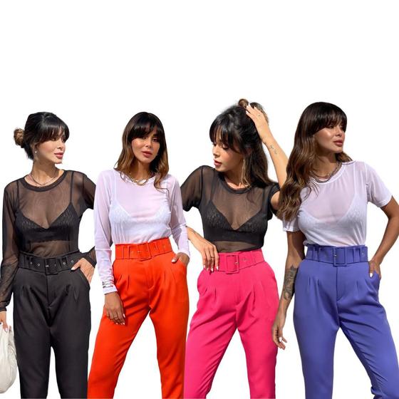 Imagem de KIT 4 Blusas Feminina Tule: manga longa e manga curta preto e branco, 4 unidades