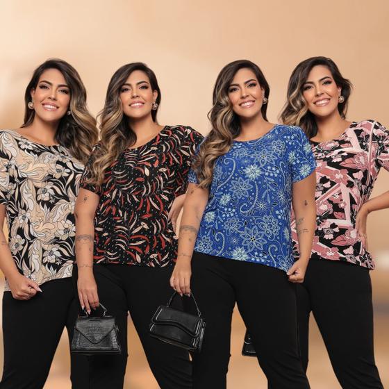 Imagem de Kit 4 Blusas Plus Size Estampada Versátil Casual Manga Curta Liganete Estampa Sortida