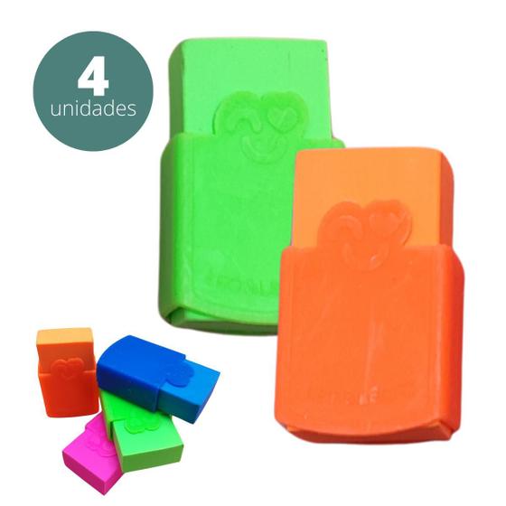 Kit 4 Borrachas Escolar Coloridas com Capa Cores Intensas - Borracha ...