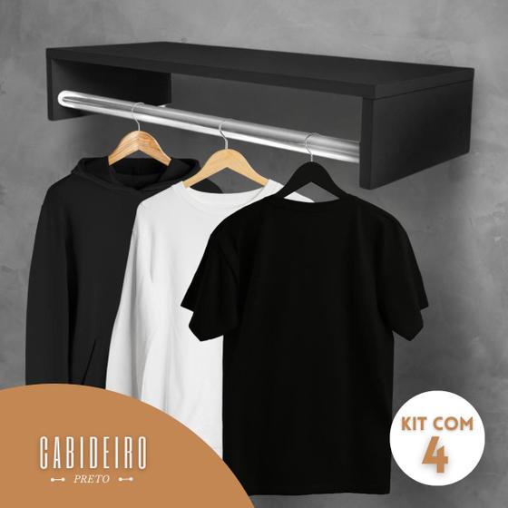 Imagem de Kit 4 Cabideiro Arara Prateleira De Roupas Preto Closet 60 Cm