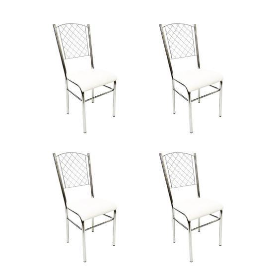Imagem de Kit 4 Cadeiras de Cozinha com reforço cromada encosto grade assento branco - Poltronas do Sul