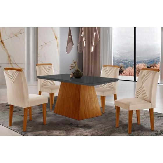 Imagem de Kit 4 Cadeiras de Cozinha Luna Tampo Madeirado c/ Vidro Canto Reto 120x80 e 4 Cadeiras Amsterdã Imbuia/Suede Creme - Rufato