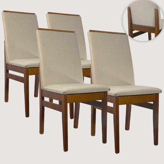 Imagem de Kit 4 Cadeiras de Jantar Cozinha Estofada Tecido Linho Base Madeira Eucalipto Maciça Modelo Veneza