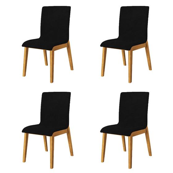 Imagem de Kit 4 Cadeiras de Jantar Diamante Estofada em Tecido Sintético Preto Base Madeira Maciça Mel